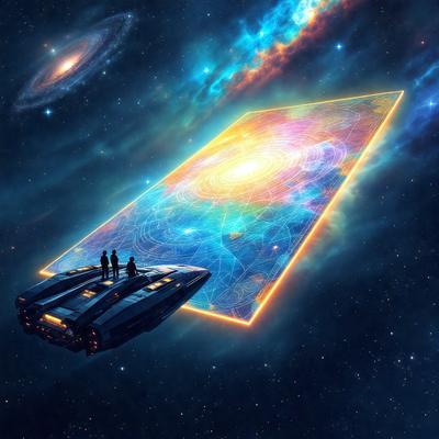 The primary subject of the image is a futuristic spacecraft with a triangular shape. The spacecraft is flying through a blue and purple sky, which creates a vibrant and colorful atmosphere. The setting includes a backdrop of stars, suggesting that the spacecraft is traveling through space. The visual style of the image is digital art, as it appears to be a computer-generated or digitally created illustration. The colors and mood of the image are lively and energetic, with the blue and pur